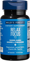 Wiley's Finest Relax Focus - Complemento Diario para el Estrés - Contiene L-Teanina, GABA, Vitamina B6 y Magnesio - 30 Cápsulas (30 Dosis)