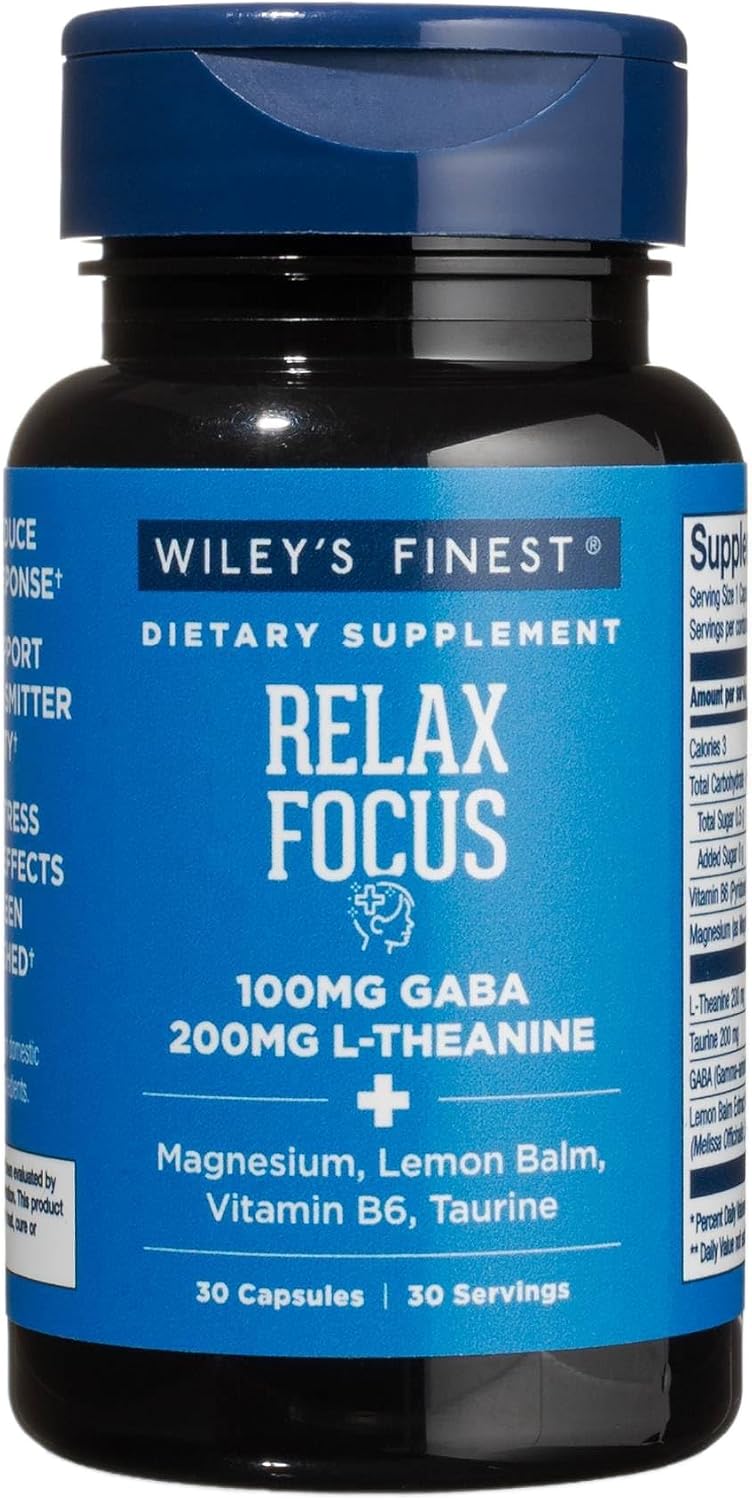 Wiley's Finest Relax Focus - Complemento Diario para el Estrés - Contiene L-Teanina, GABA, Vitamina B6 y Magnesio - 30 Cápsulas (30 Dosis)