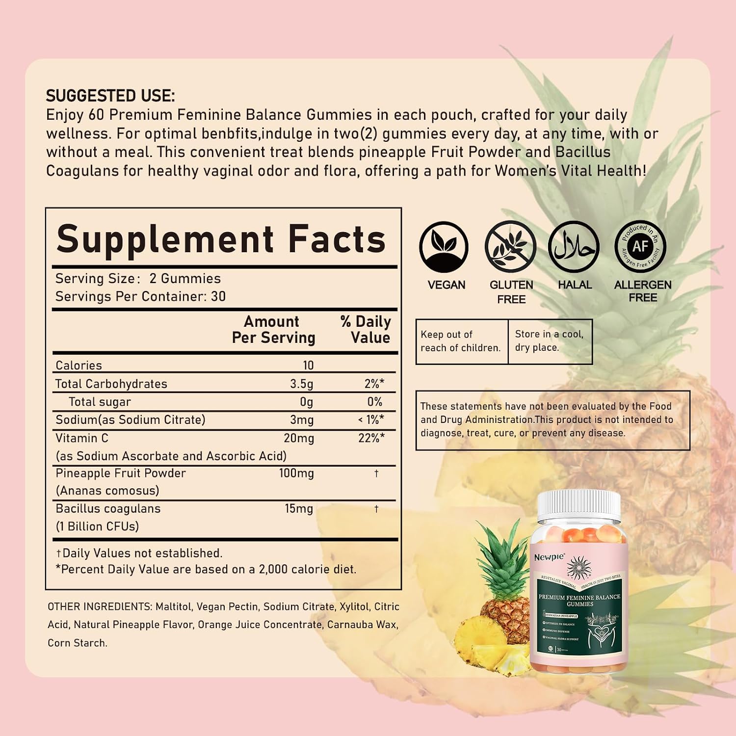 SUWENY Gominolas de Piña para Mujer - Fórmula Premium de Equilibrio Femenino, 60 Gomitas