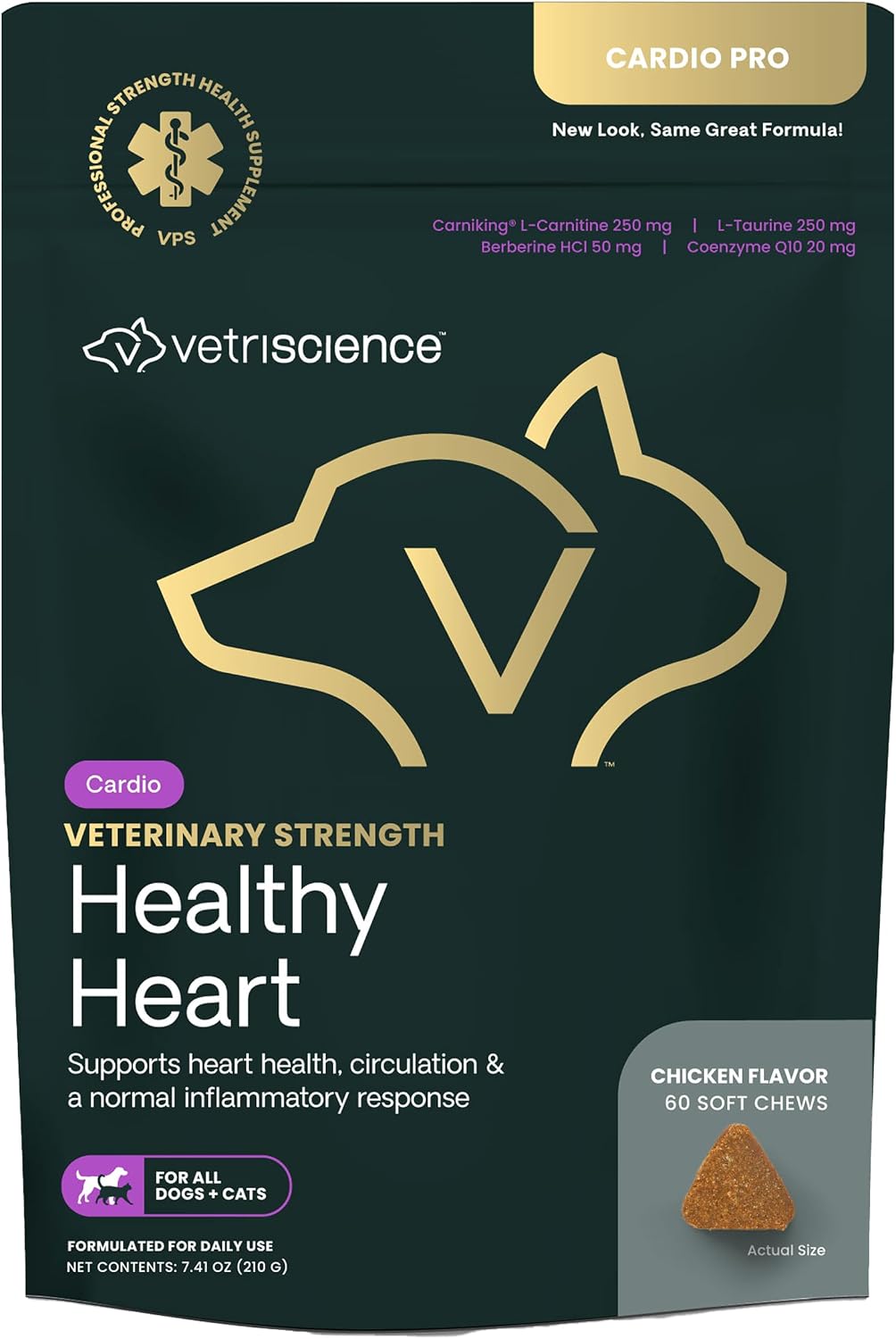 VETRISCIENCE Veterinary Strength Healthy Heart Chews, Suplemento cardíaco para perros y gatos, sabor a pollo, 60 unidades