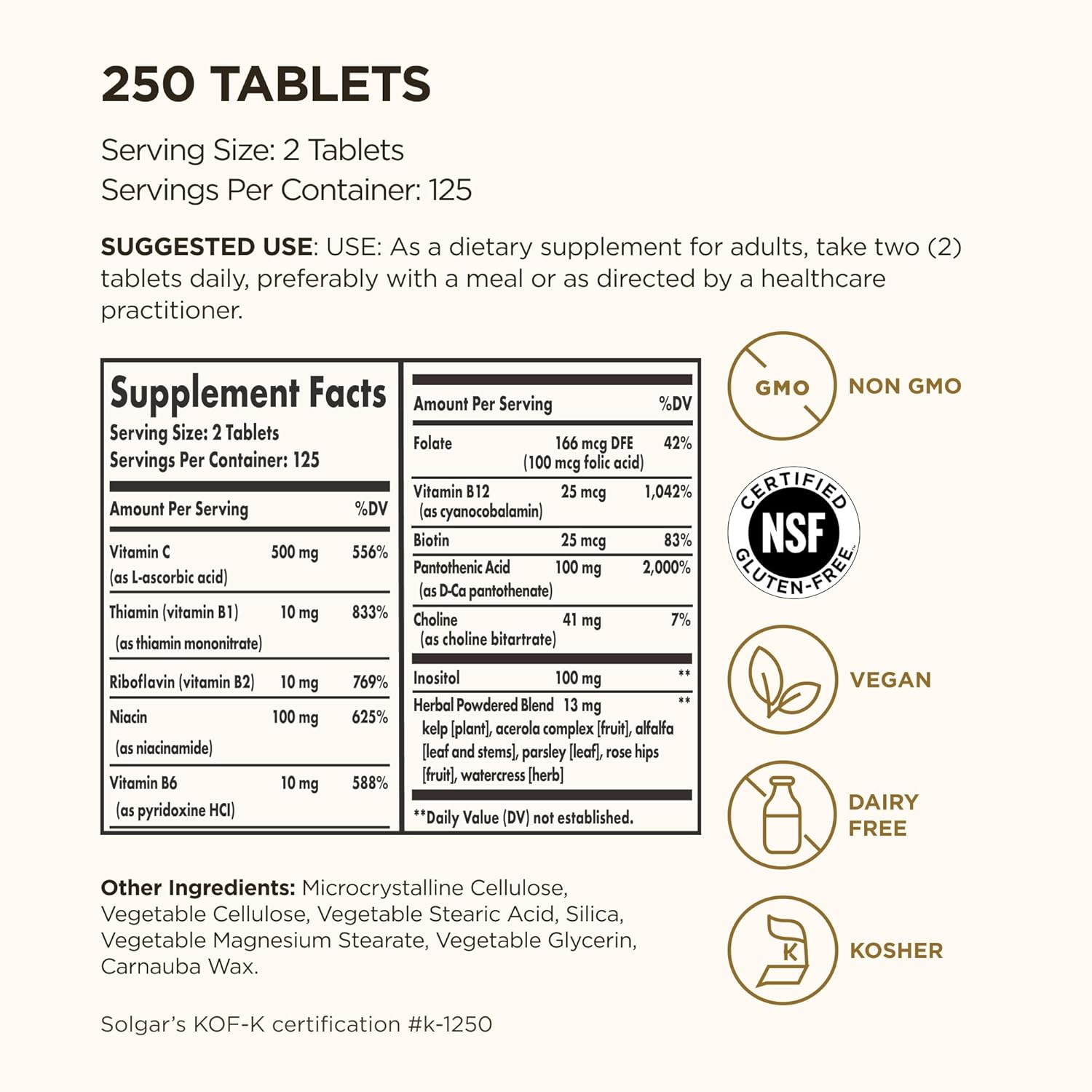 Solgar Complejo B con Vitamina C, Fórmula Anti-Estrés, 250 Comprimidos