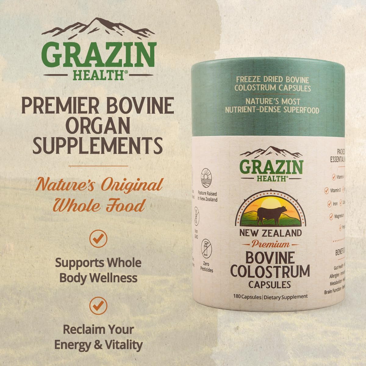 GRAZIN HEALTH Colostrum Bovino Grass Fed 3000mg - 180 Cápsulas - Nueva Zelanda