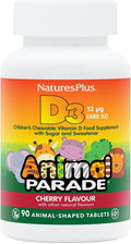NaturesPlus Animal Parade Vitamina D3 Masticable para Niños - Sabor Cereza Negra - 90 Comprimidos con Forma de Animal