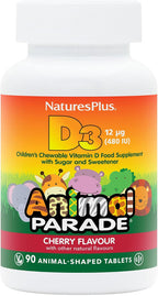 NaturesPlus Animal Parade Vitamina D3 Masticable para Niños - Sabor Cereza Negra - 90 Comprimidos con Forma de Animal