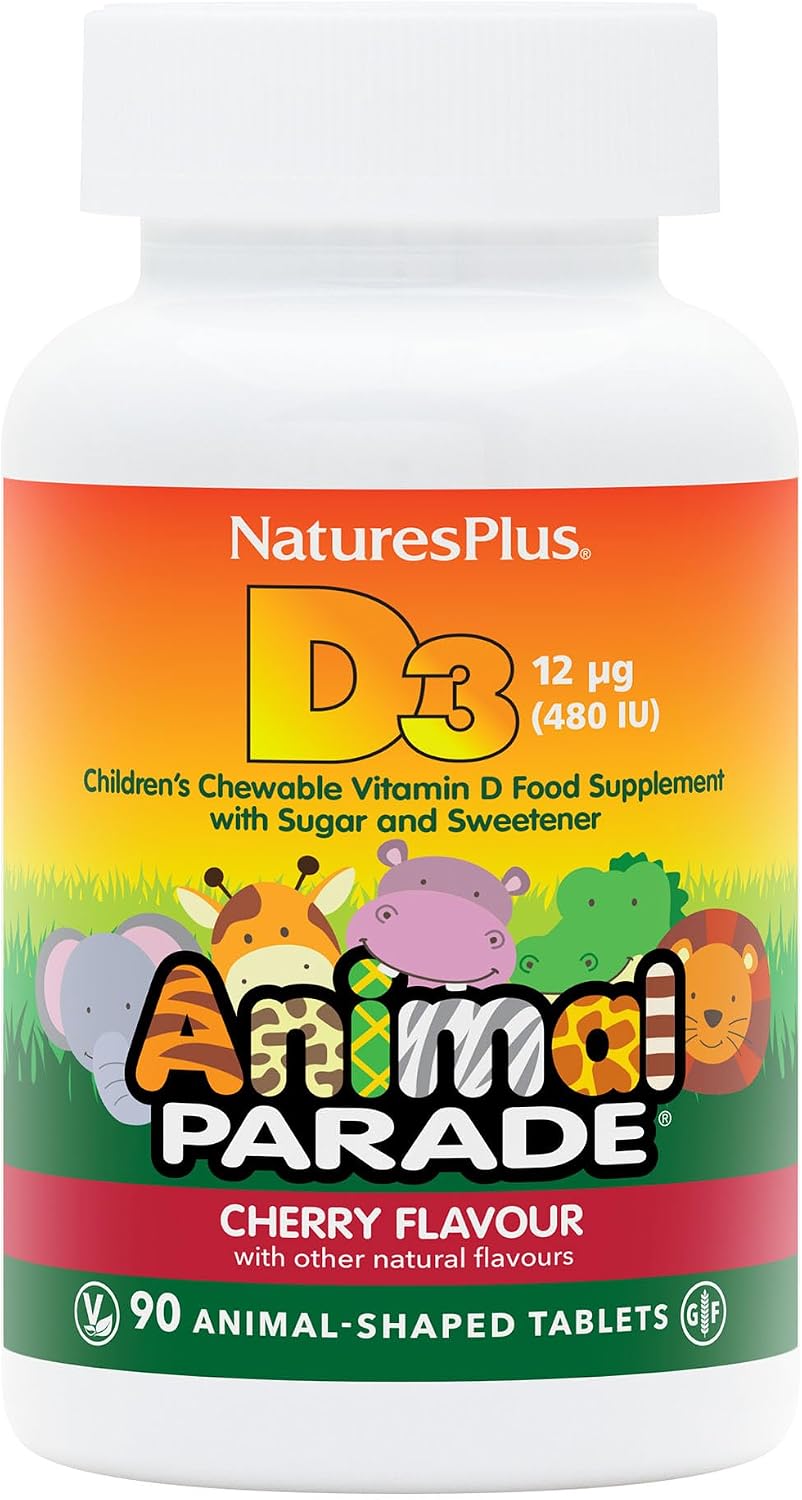 NaturesPlus Animal Parade Vitamina D3 Masticable para Niños - Sabor Cereza Negra - 90 Comprimidos con Forma de Animal