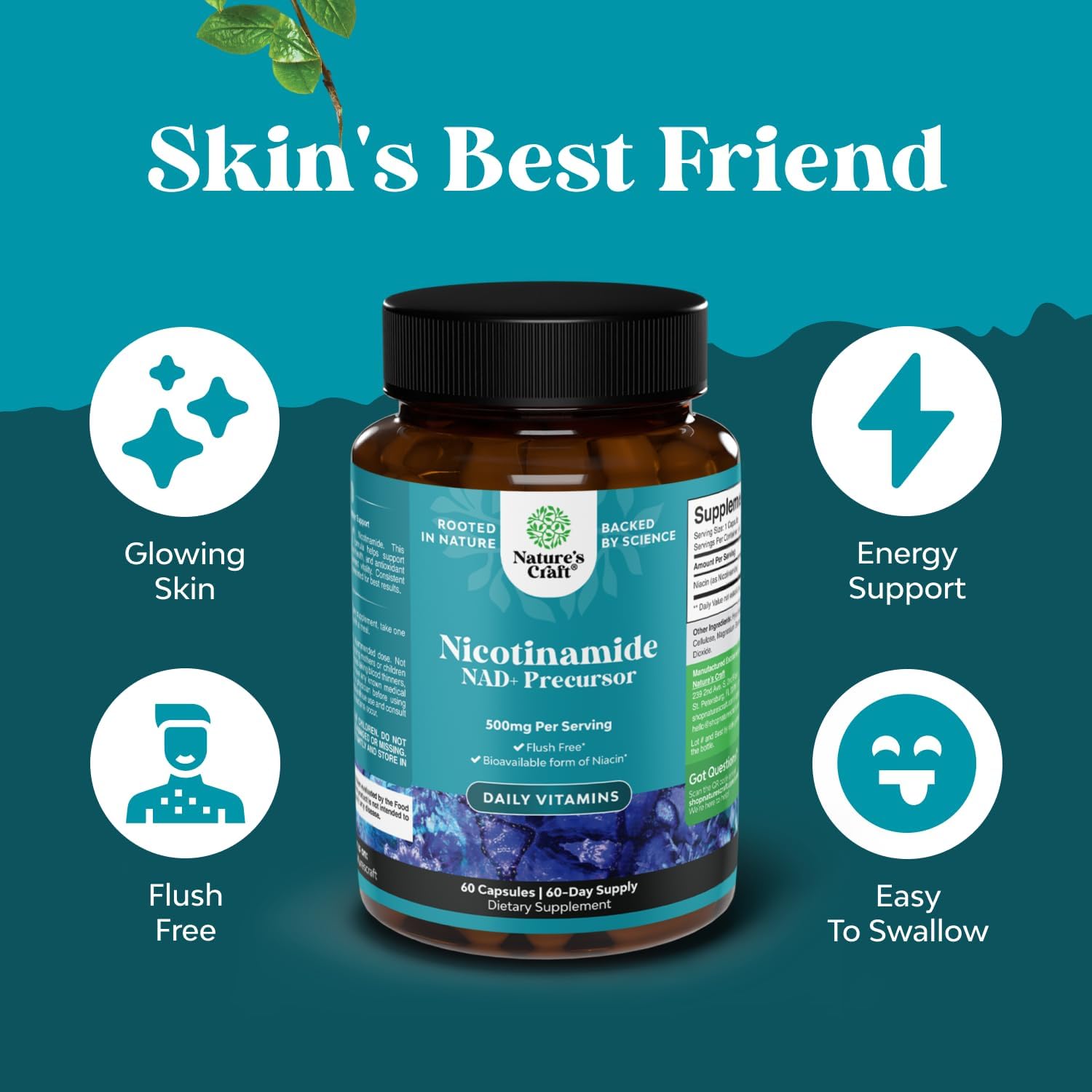 Vitamina B3 Niacinamida 500 mg Cápsulas - Sin Enrojecimiento - 60 Cápsulas