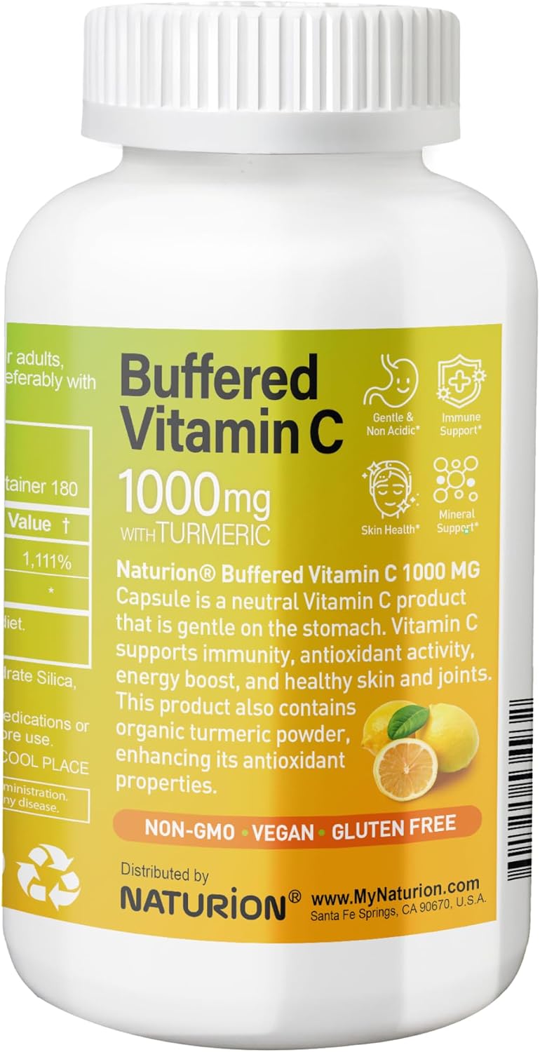 NATURION Vitamina C tamponada 1000 mg con Cúrcuma Orgánica - 180 cápsulas veganas