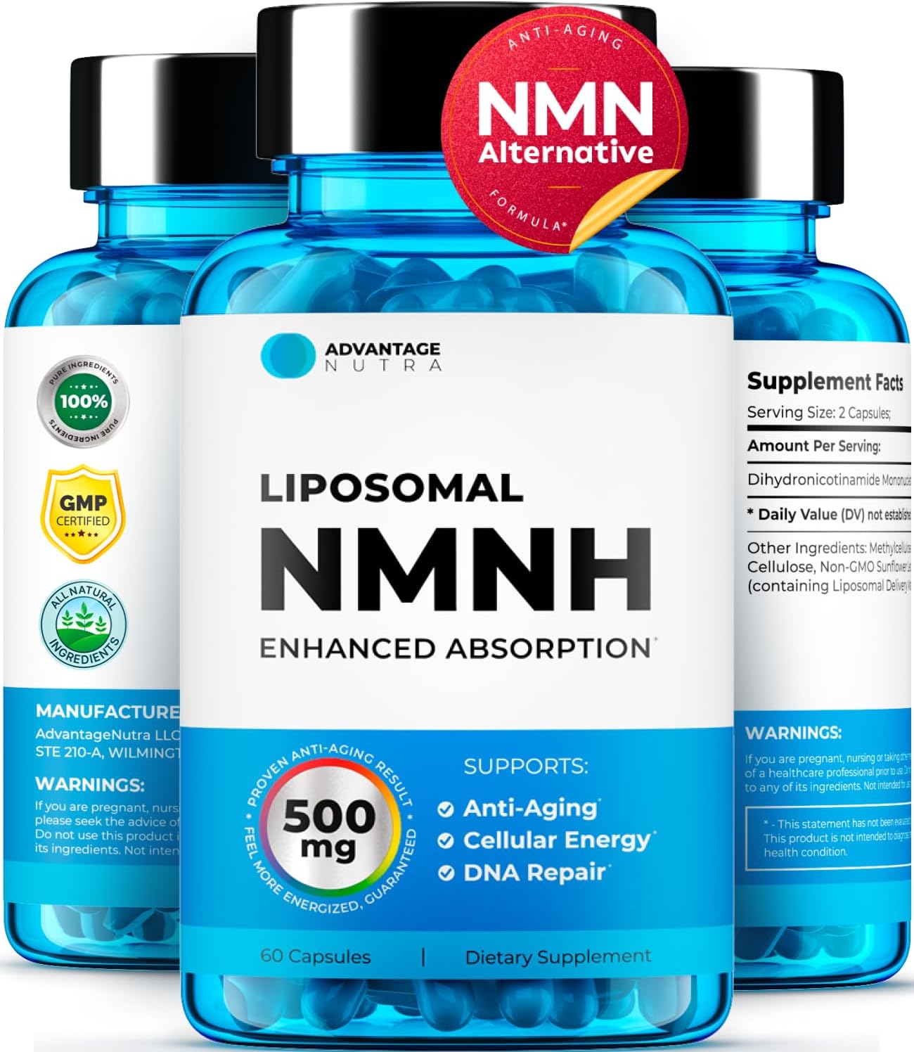Liposomal NMNH (Dihidronicotinamida Mononucleótido) 500mg - 60 Cápsulas (2 Envases) - Alternativa a NR - Suplemento NAD+ Antienvejecimiento