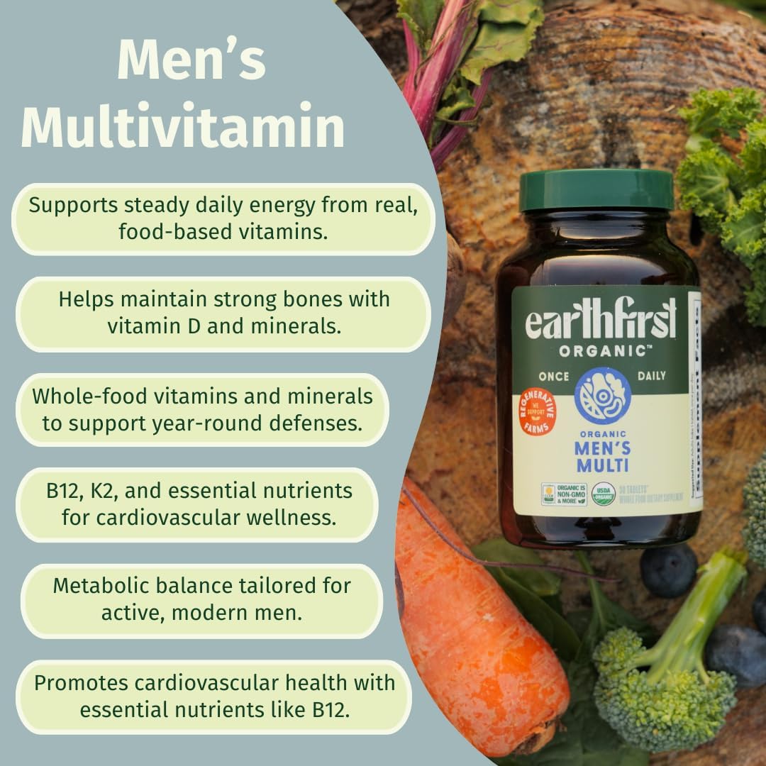 EarthFirst Organic Men’s Multi Once Daily - Multivitamínico Completo con 19 Vitaminas y Minerales, Vegano, No-GMO, 60 Comprimidos