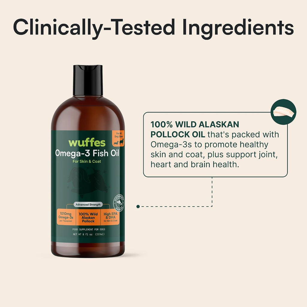 Wuffes Aceite de Pescado Omega 3 Avanzado para Perros - 100% Puro de Alaska - 236 ml