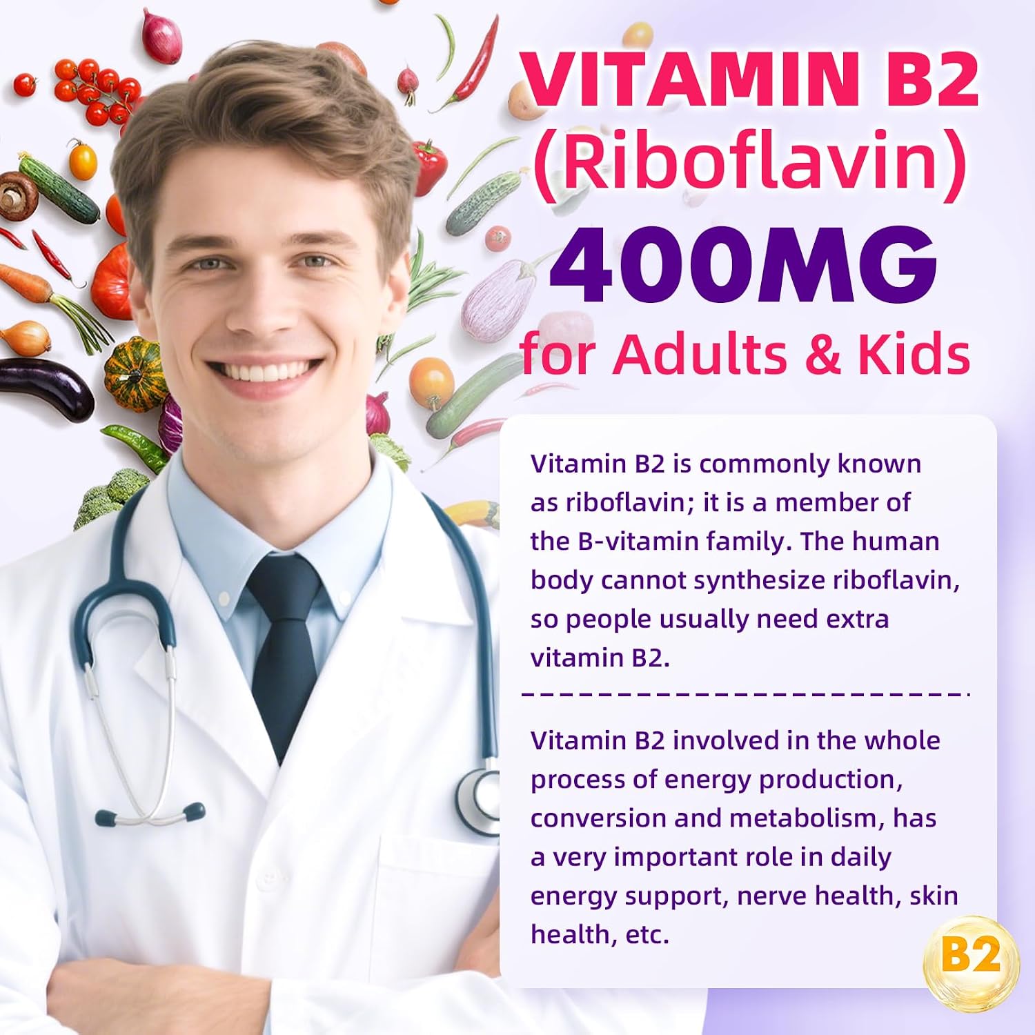 VCCHUYH Gominolas de Vitamina B2 con Magnesio, 400 mg de Riboflavina, 120 unidades