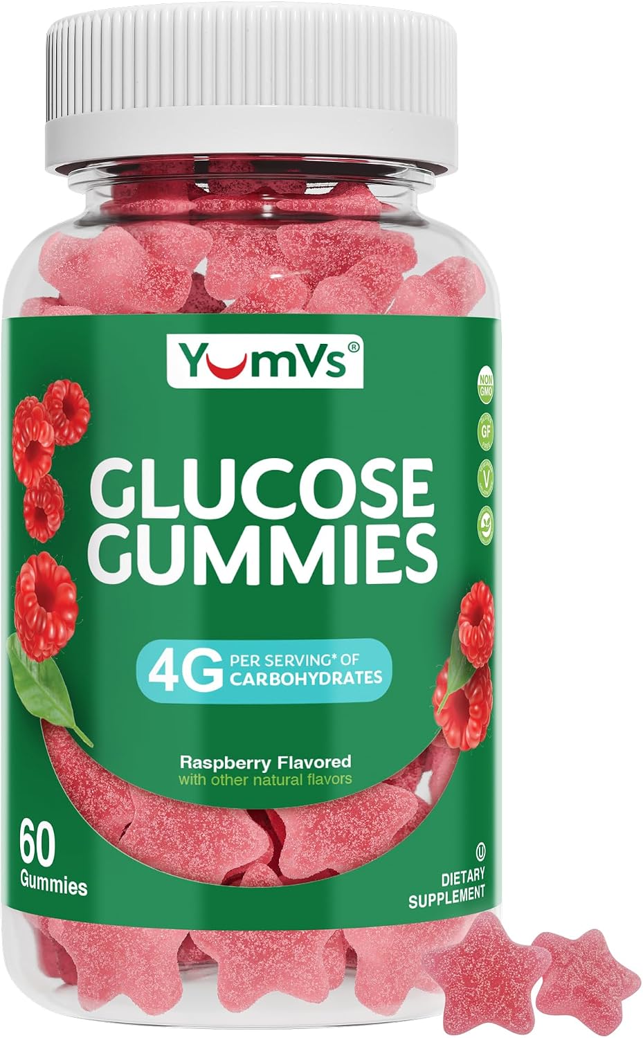 YUM-V'S Glucose Gummies – Gominolas de Glucosa de Acción Rápida – 60 Gominolas Masticables – Sabor Natural a Bayas – Vegano, Sin Gluten