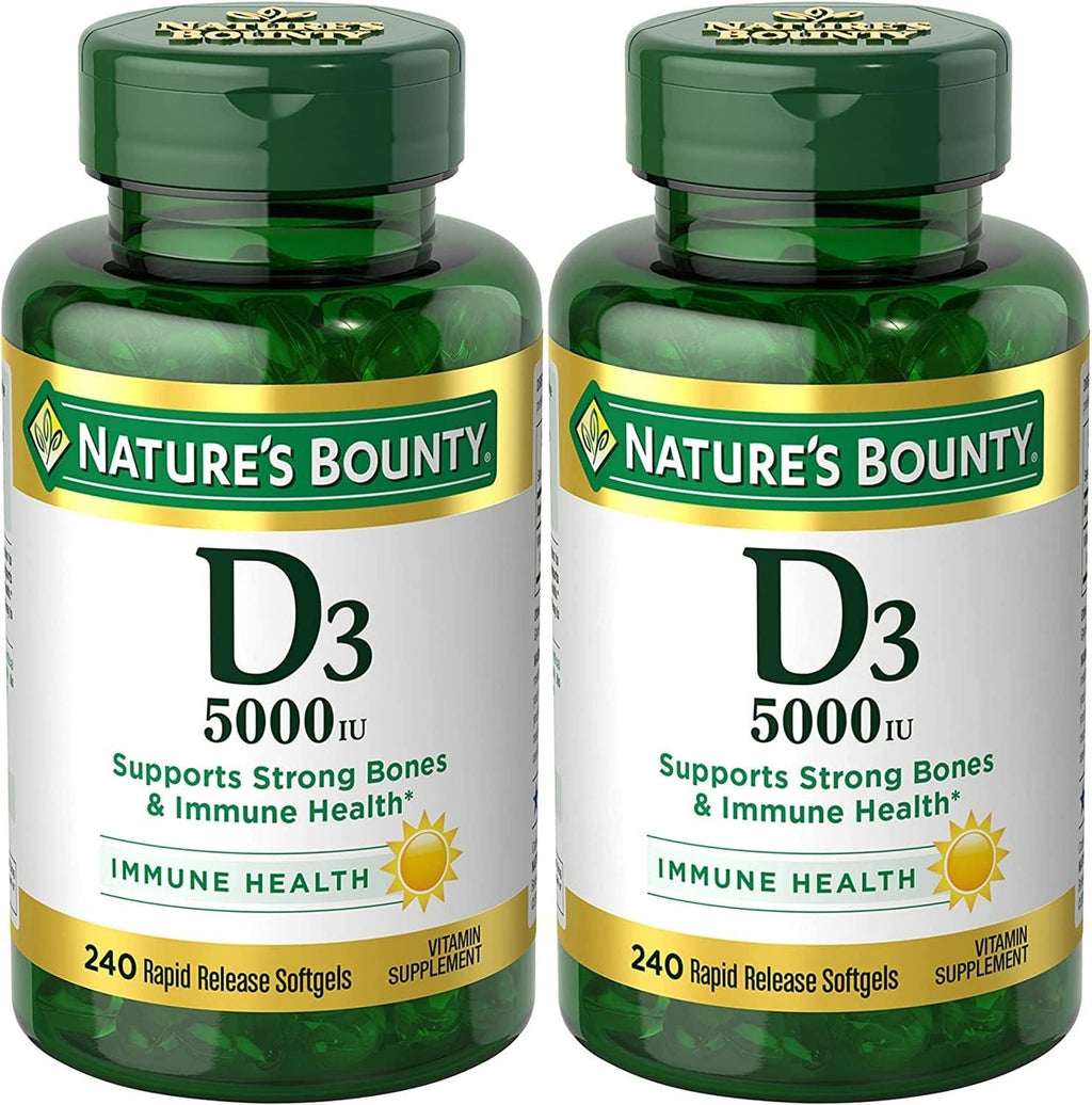 Nature's Bounty Vitamina D3, Apoyo Inmunológico, 125 mcg (5000 UI), Cápsulas Blandas de Liberación Rápida, 240 unidades - Pack de 2