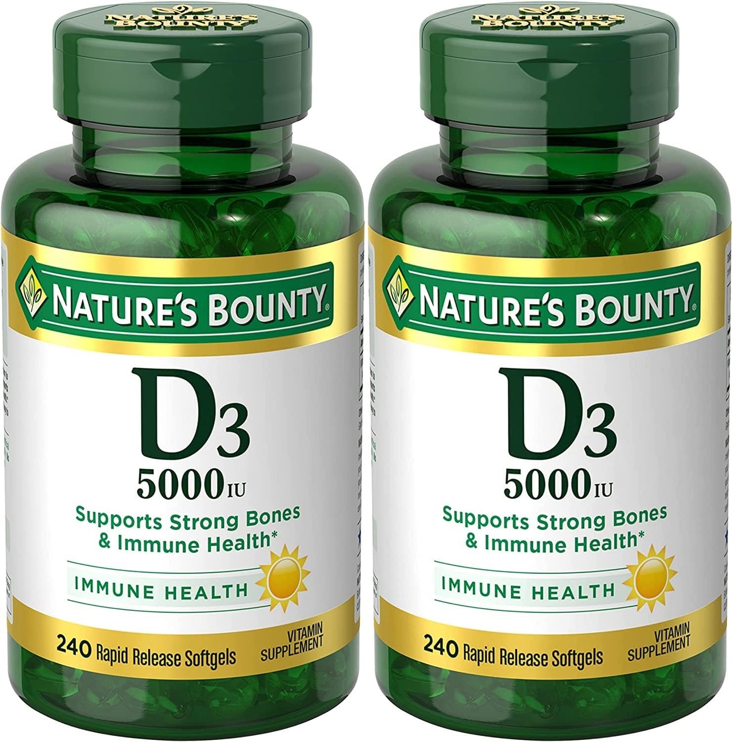 Nature's Bounty Vitamina D3, Apoyo Inmunológico, 125 mcg (5000 UI), Cápsulas Blandas de Liberación Rápida, 240 unidades - Pack de 2