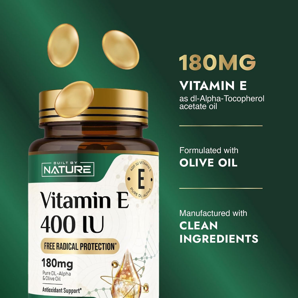 Vitamina E con Aceite de Oliva 400 UI, 120 Cápsulas Blandas - Built by Nature