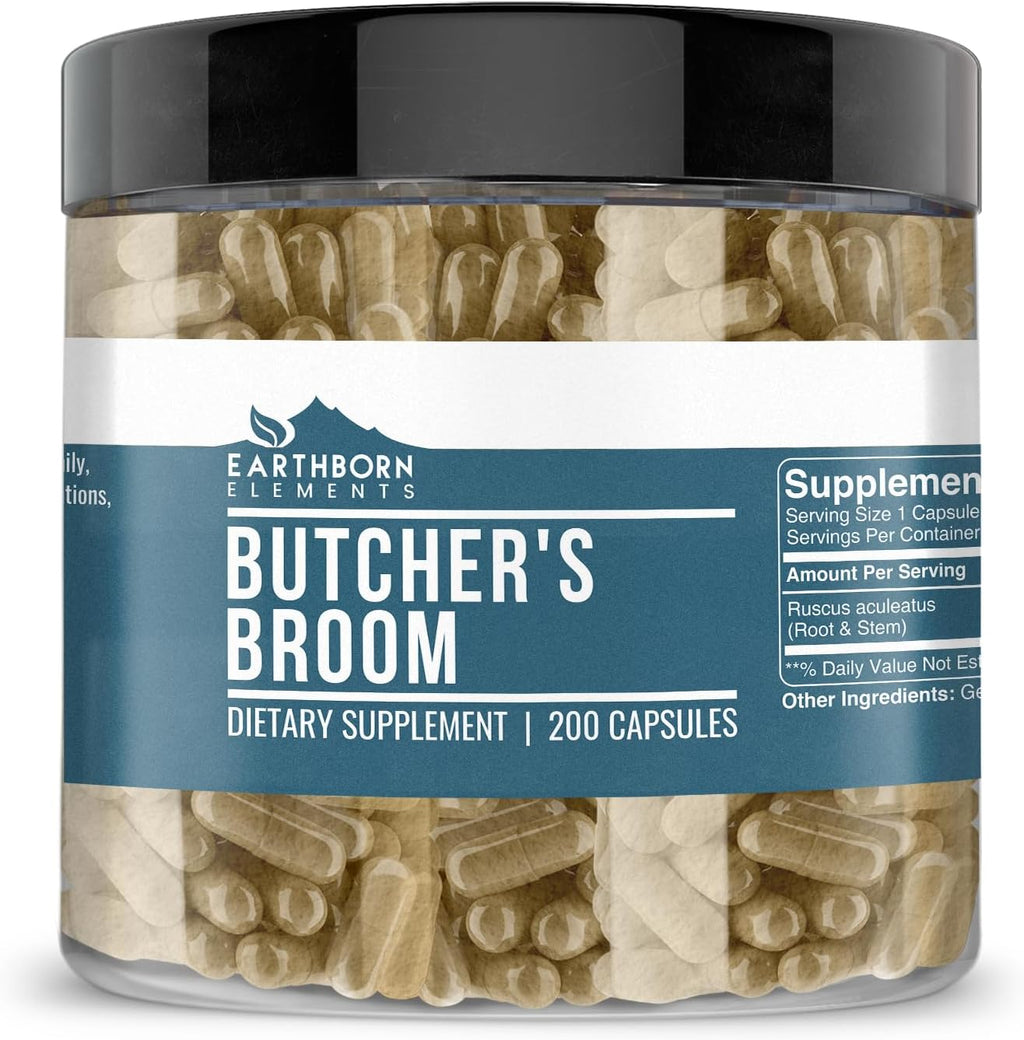 Earthborn Elements Butcher's Broom Cápsulas - 200 Cápsulas, Puras y Sin Aditivos