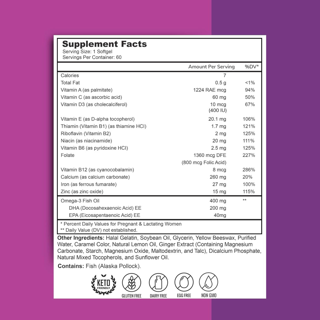 Zaytun Vitamins Vitaminas Prenatales Halal + DHA, Ácido Fólico, Hierro, Jengibre, 60 Cápsulas Blandas
