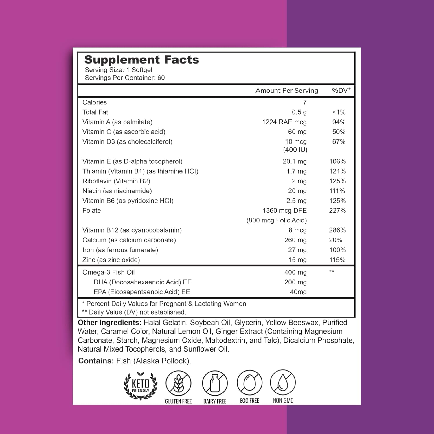 Zaytun Vitamins Vitaminas Prenatales Halal + DHA, Ácido Fólico, Hierro, Jengibre, 60 Cápsulas Blandas