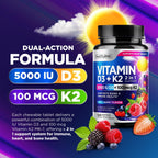 Vitamina D3 K2 Masticable, 5000 UI y K2 MK-7 100 mcg, 120 Comprimidos | Sabor a Bayas