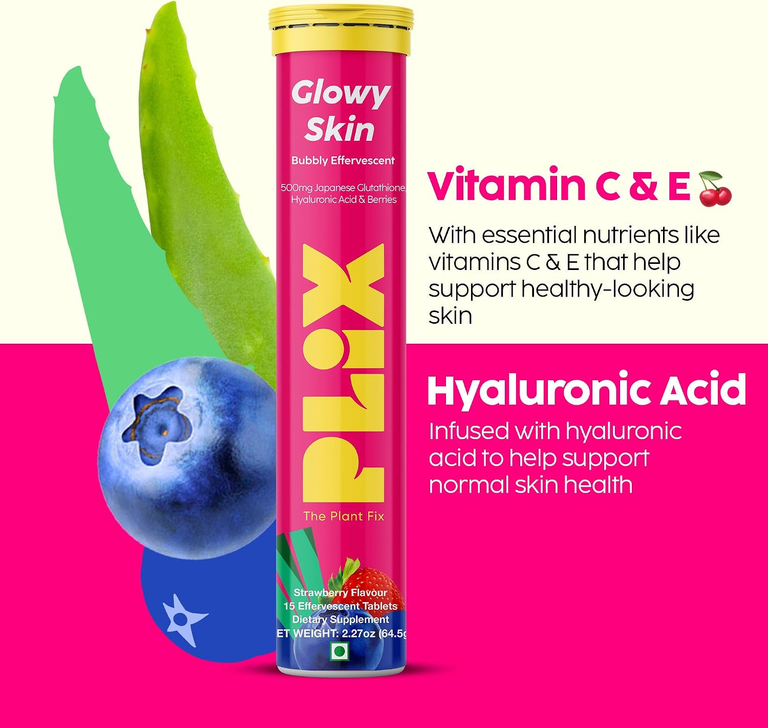 PLIX - THE PLANT FIX Comprimidos Efervescentes Glutathione con Vitamina C, Sabor Fresa (15 uds)