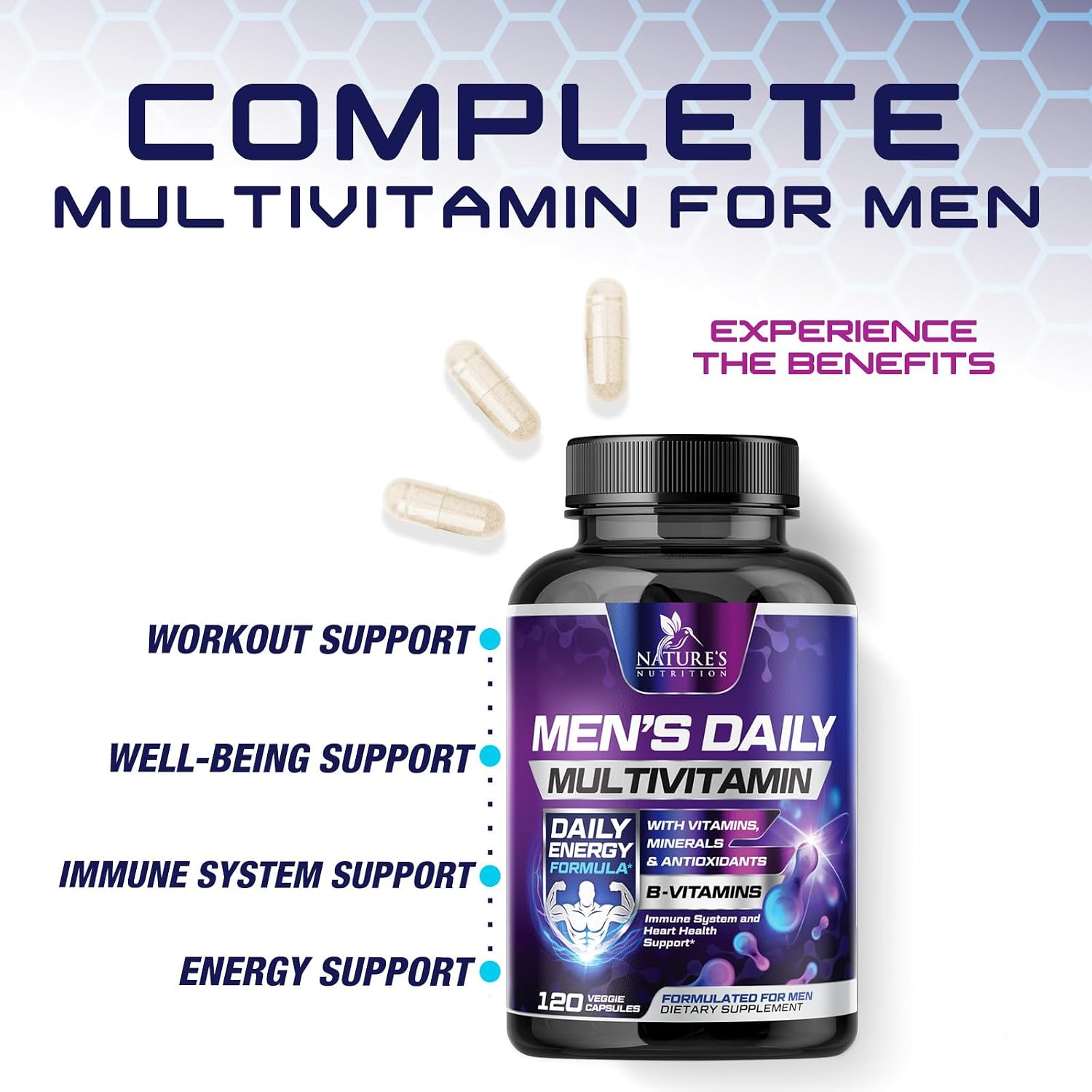 Multivitamínico para Hombres - Una Vez al Día - Fórmula Completa con Vitaminas A, C, D, E, Zinc y Hierro - 120 Cápsulas