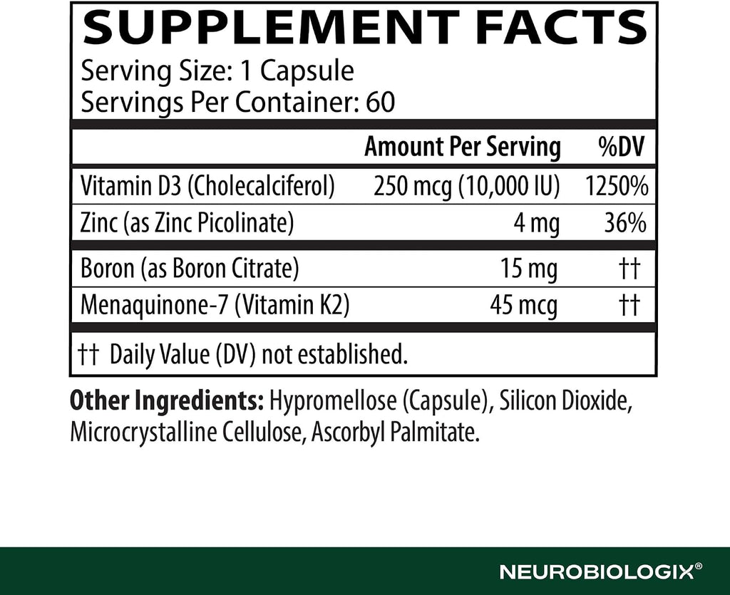 Neurobiologix Complejo de Vitamina D3 + K2 Cofactor, 10.000 UI D3 con K2 MK-7, Zinc y Boro, 60 Cápsulas
