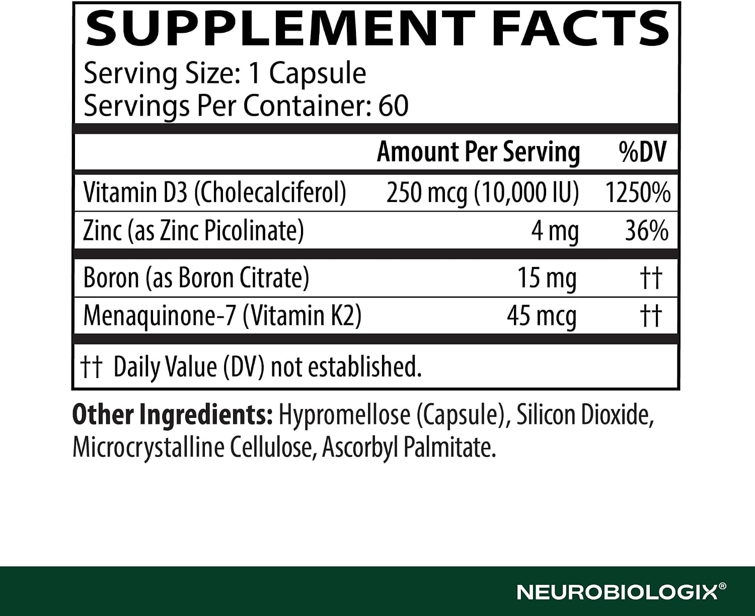 Neurobiologix Complejo de Vitamina D3 + K2 Cofactor, 10.000 UI D3 con K2 MK-7, Zinc y Boro, 60 Cápsulas