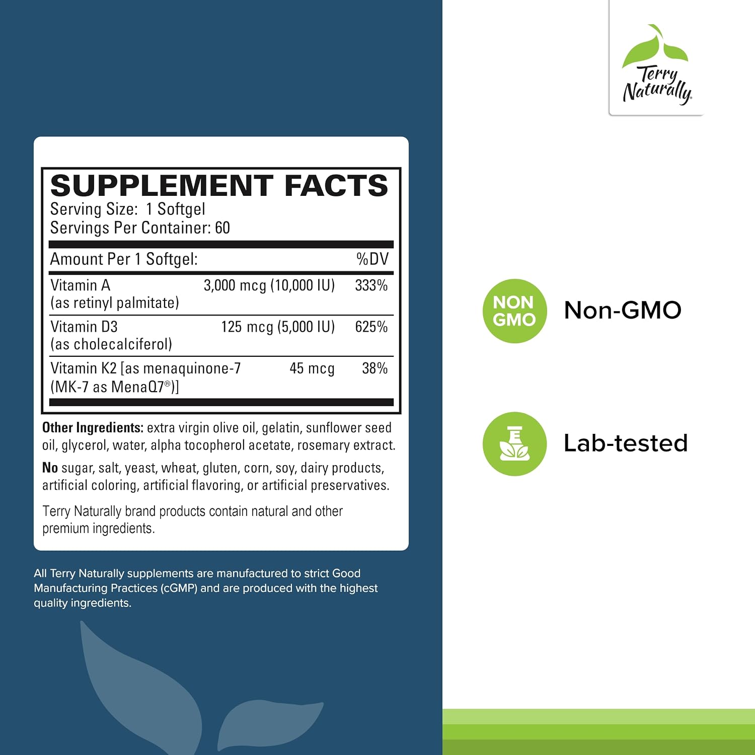 Terry Naturally A•D3•K2 - Suplemento con Vitaminas A, D3 y K2 para el Mantenimiento de la Visión, Huesos y Sistema Inmunitario (60 Cápsulas Blandas)