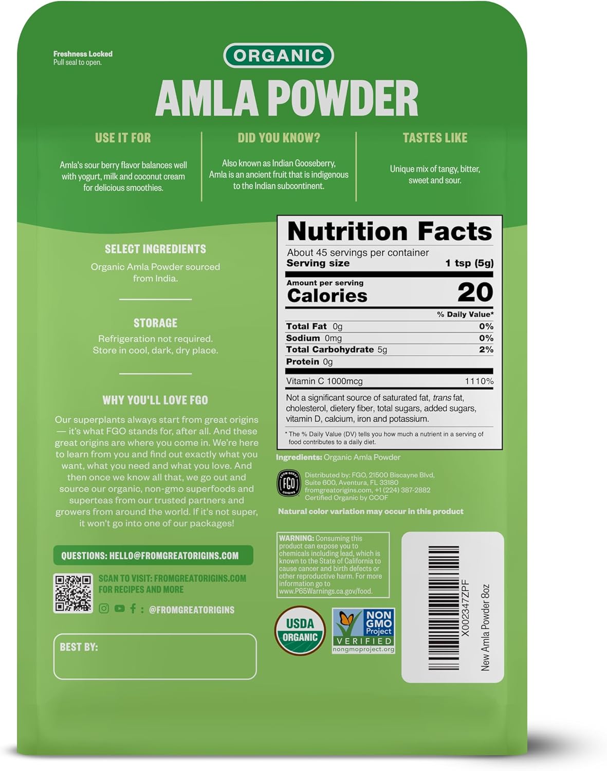 FGO Polvo de Amla Orgánico - 227g (8oz) - Grosella India (Amalaki) - Fuente Natural de Vitamina C - Sin OGM - 100% Crudo y Natural