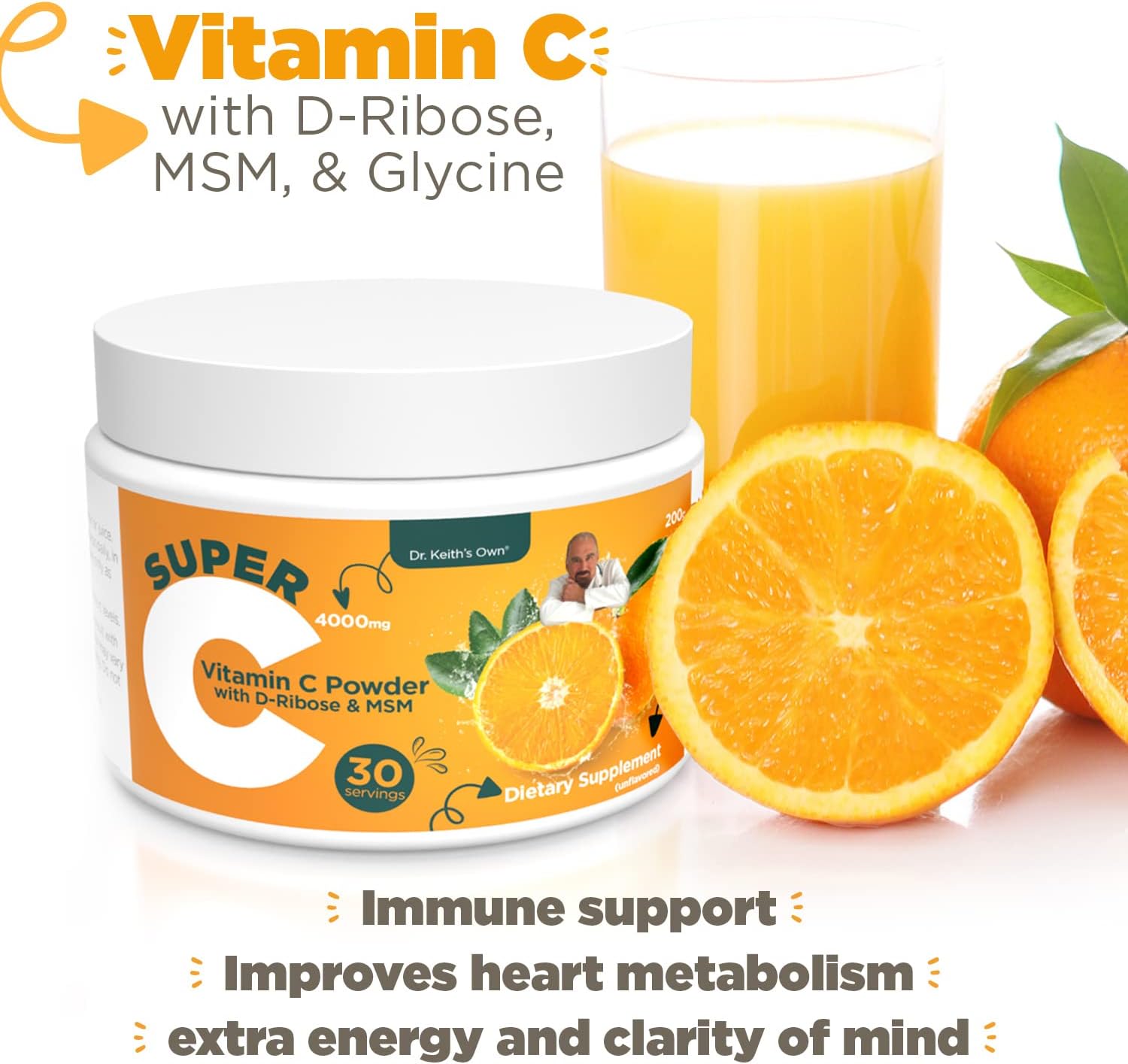 Dr. Keith's Own Super C - Vitamina C en Polvo Alta Dosis 4000mg con D-Ribosa, Glicina y MSM - Sin Sabor, 200 Gramos (30 Dosis)