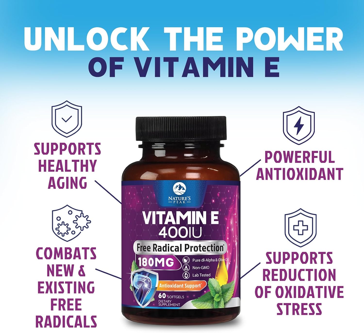Nature's Peak Vitamina E 180 mg - 60 Softgels - Apoyo Antioxidante e Inmunitario