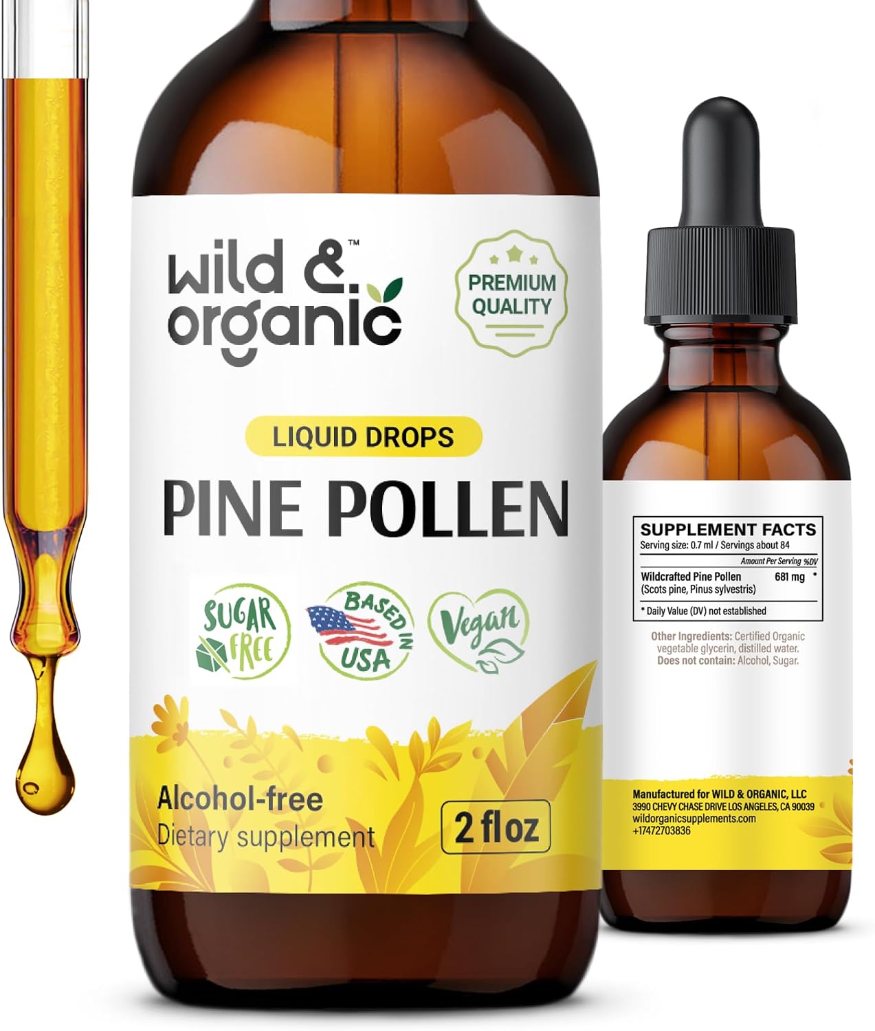 Wild & Organic Pine Pollen Tincture - Tintura de polen de pino ecológica - Extracto puro de Pinus Massoniana - Vegano, sin alcohol ni azúcar - 118 ml