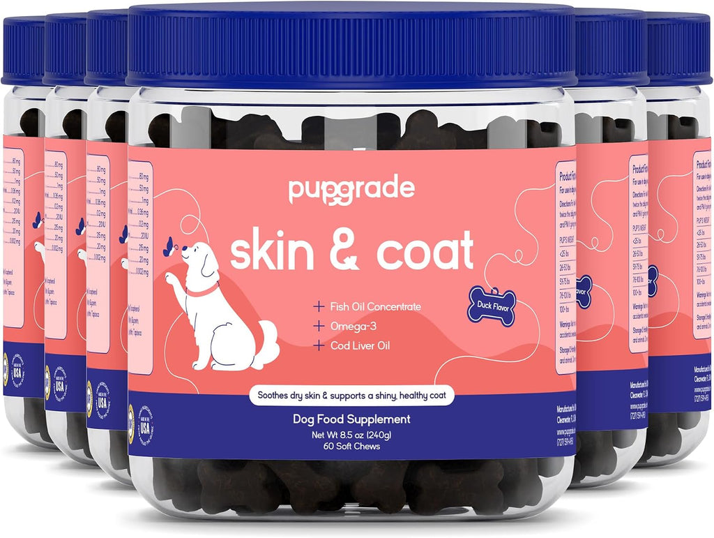 PupGrade Skin & Coat Supplement for Dogs, Duck Flavor – 60 Soft Chews | Supports Healthy Skin, Coat, and Immune Function - Rich in Natural Fish Oil, Omega Fatty Acids, and Vitamins