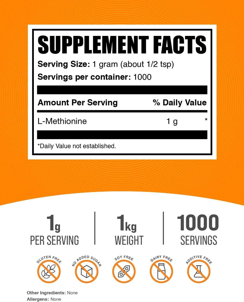 BulkSupplements.com L-Metionina en Polvo - Suplemento de Aminoácidos, 1 kg (2,2 lbs)