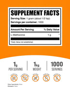 BulkSupplements.com L-Metionina en Polvo - Suplemento de Aminoácidos, 1 kg (2,2 lbs)