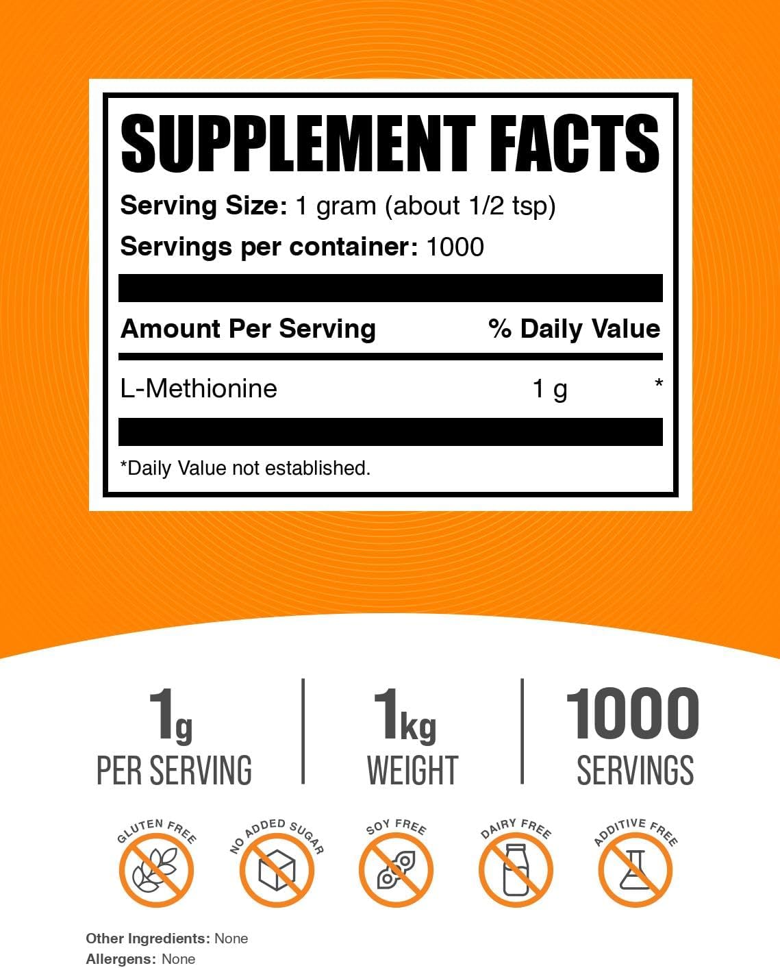 BulkSupplements.com L-Metionina en Polvo - Suplemento de Aminoácidos, 1 kg (2,2 lbs)