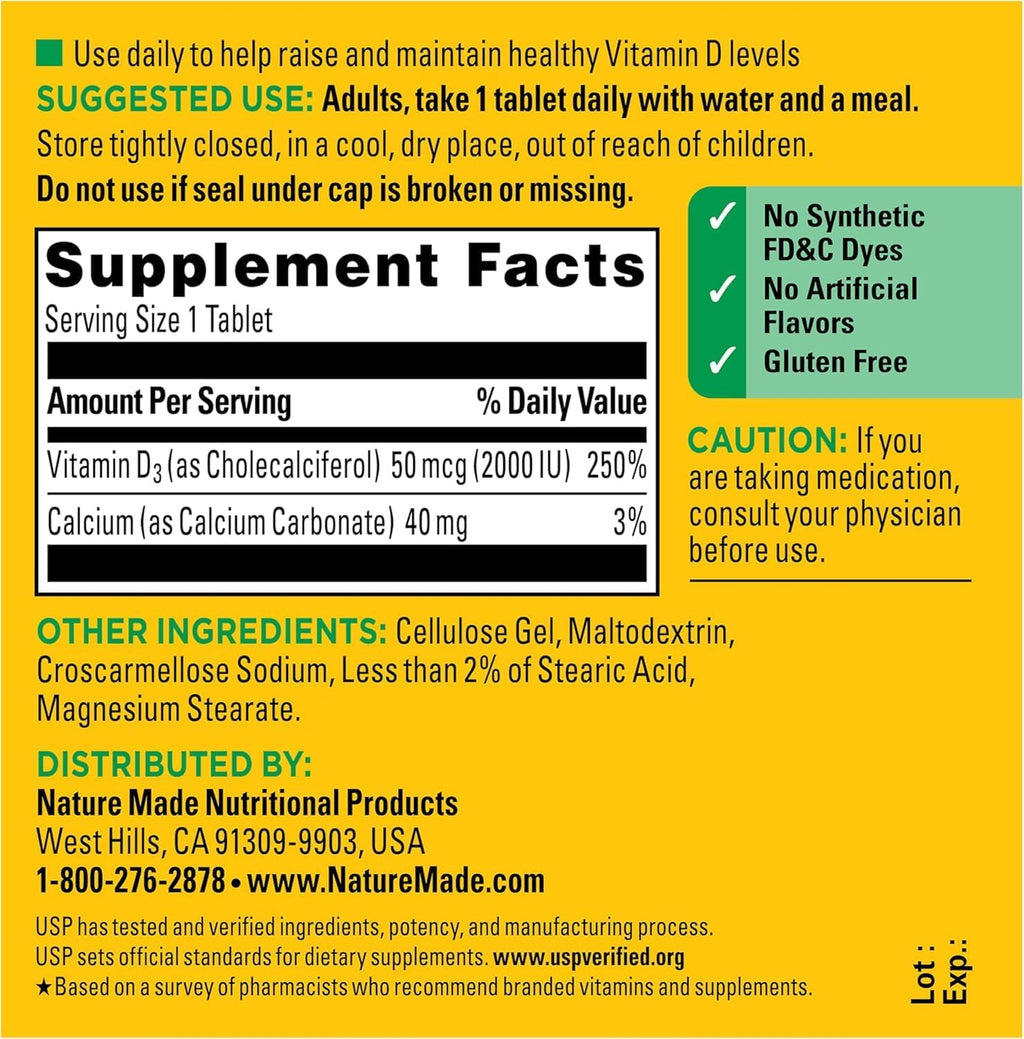 Nature Made Vitamina D3 2000 IU (50 mcg) – 100 Comprimidos