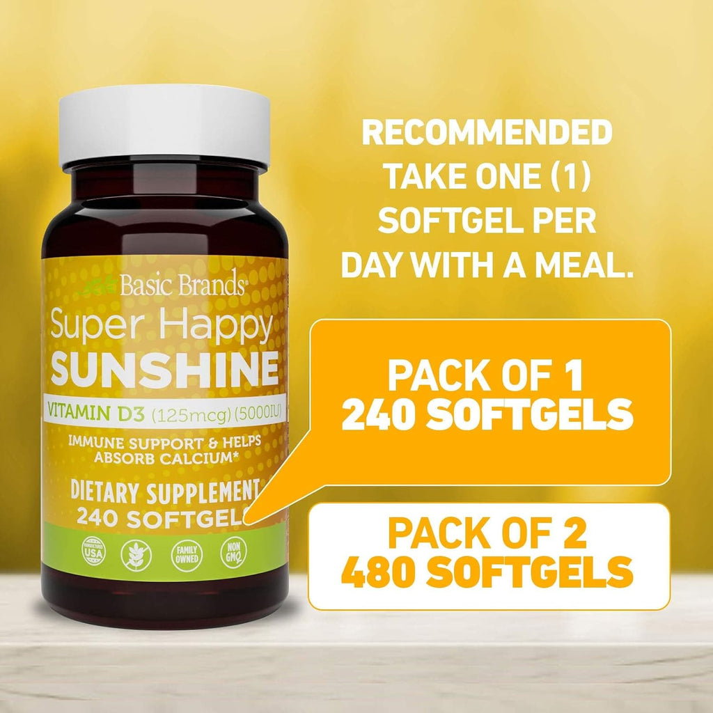 Basic Brands Super Happy Sunshine Vitamina D3 5000 IU | 240 Cápsulas Blandas