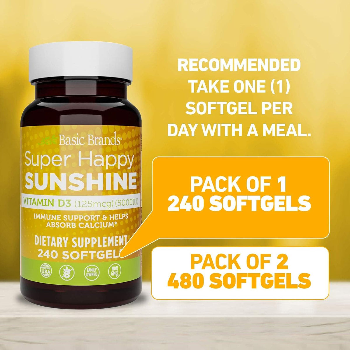 Basic Brands Super Happy Sunshine Vitamina D3 5000 IU | 240 Cápsulas Blandas – Image 2