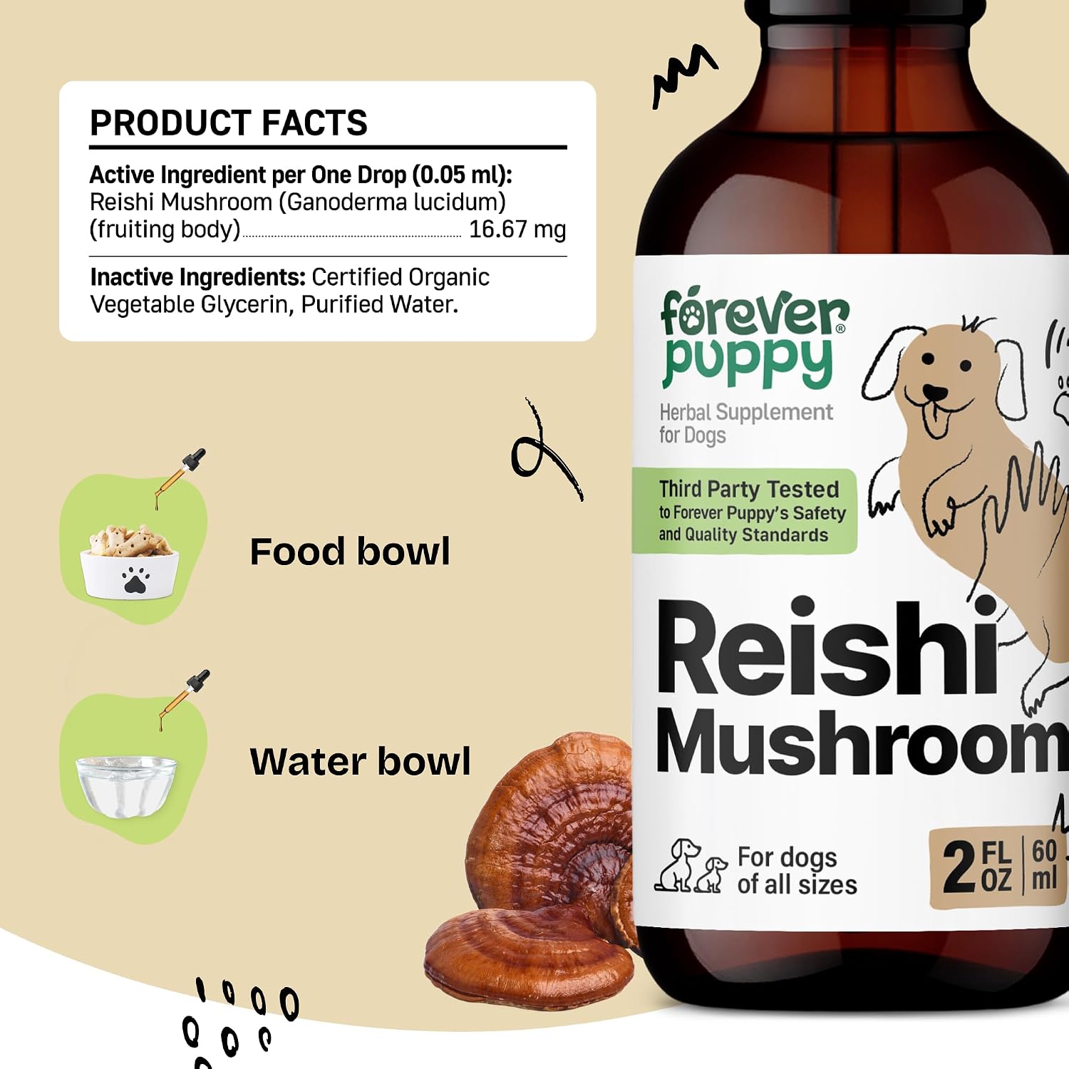 Gotas de Reishi para Perros - Forever Puppy - Apoyo Inmunológico - Sin Azúcar ni Alcohol - 60 ml