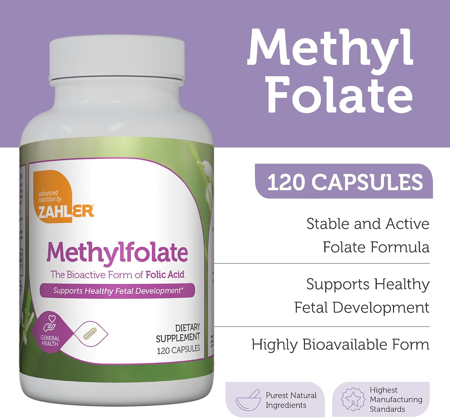 Zahler Metilfolato (L-Metilfolato) 1000 mcg DFE - 120 Cápsulas - Complemento Alimenticio para el Embarazo y Salud Genética