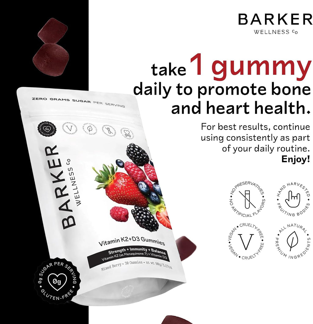 Barker Wellness Gominolas de Vitamina D3 y K2 – Alta potencia 6000 UI D3 + 200 mcg K2 para huesos fuertes, salud cardiovascular y apoyo inmunitario | Vegano, sin azúcar, delicioso sabor a bayas mixtas | 30 dosis