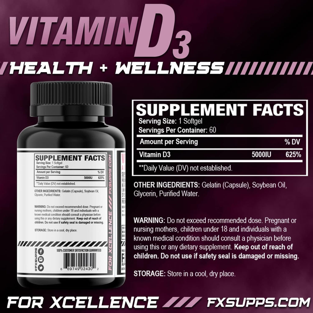 FXSUPPS Vitamina D3 5000 UI (60 Cápsulas Blandas) - Complemento Alimenticio con Colecalciferol