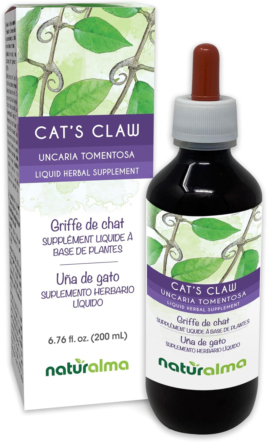Naturalma Cat's Claw (Uncaria tomentosa) corteza Tintura sin alcohol - 200 ml Extracto líquido en gotas - Complemento herbal - Vegano