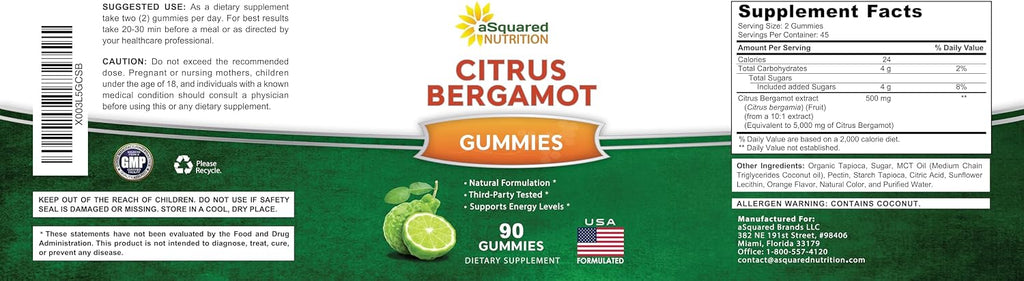 Gominolas de Bergamota Cítrica aSquared Nutrition - 500mg de Extracto por Ración - Alternativa Pura en Gominola a Cápsulas y Pastillas