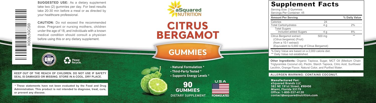 Gominolas de Bergamota Cítrica aSquared Nutrition - 500mg de Extracto por Ración - Alternativa Pura en Gominola a Cápsulas y Pastillas