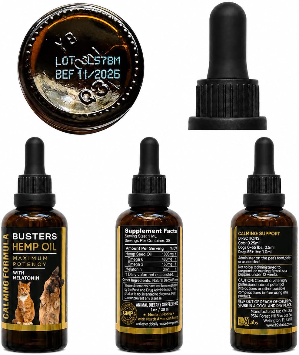 Buster's Aceite de Semilla de Cáñamo Prensado en Frío para Perros y Gatos con Melatonina - Gotas Calmantes - Pack de 2