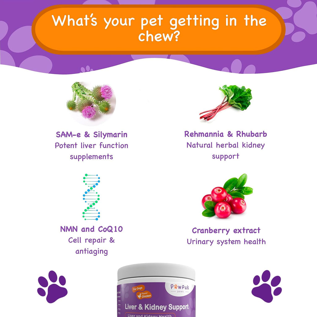 PawPuk Paws Suplemento Hepático y Renal para Perros con SAM-e, Silimarina, NMN y CoQ10