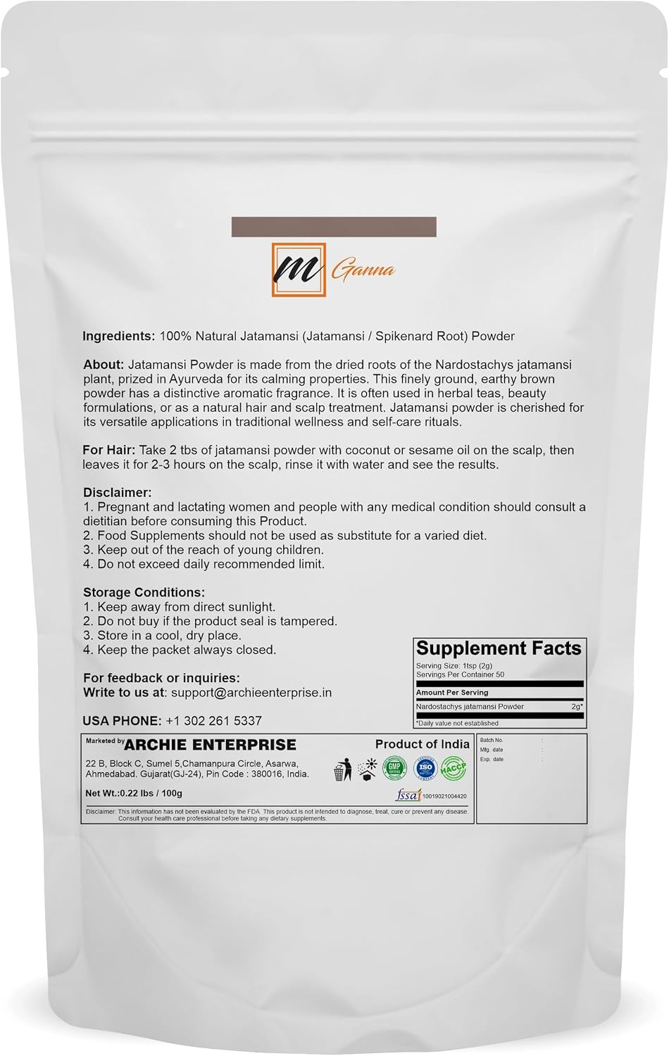 Polvo de Jatamansi 100% Natural - Nardostachys jatamansi (Raíz de Espicanardo) para el Cuidado del Cabello y la Salud - 100 g