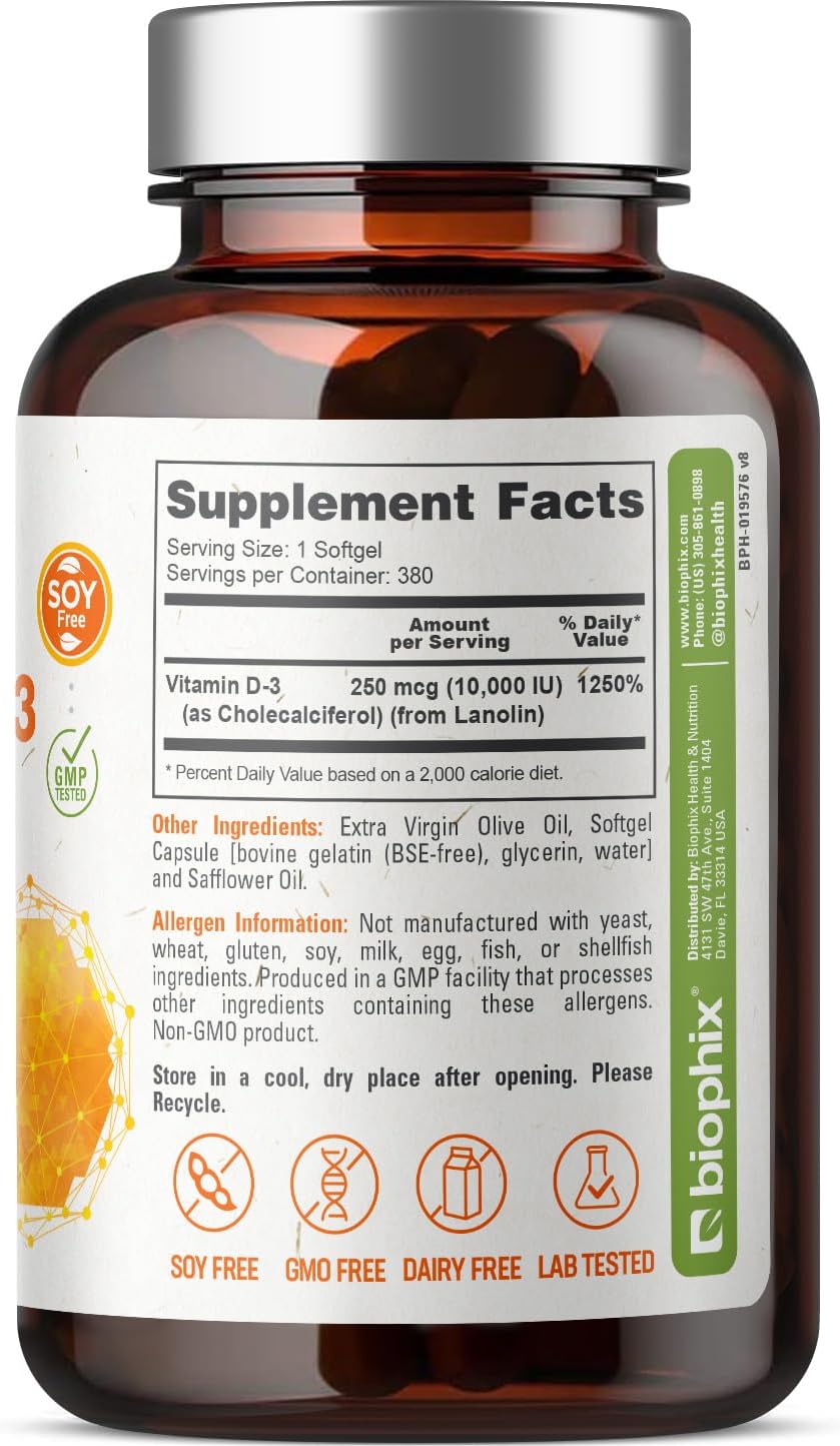 biophix Vitamin D3 10000 IU 380 Softgels - High Potency with Extra Virgin Olive Oil, Non-GMO, Soy-Free